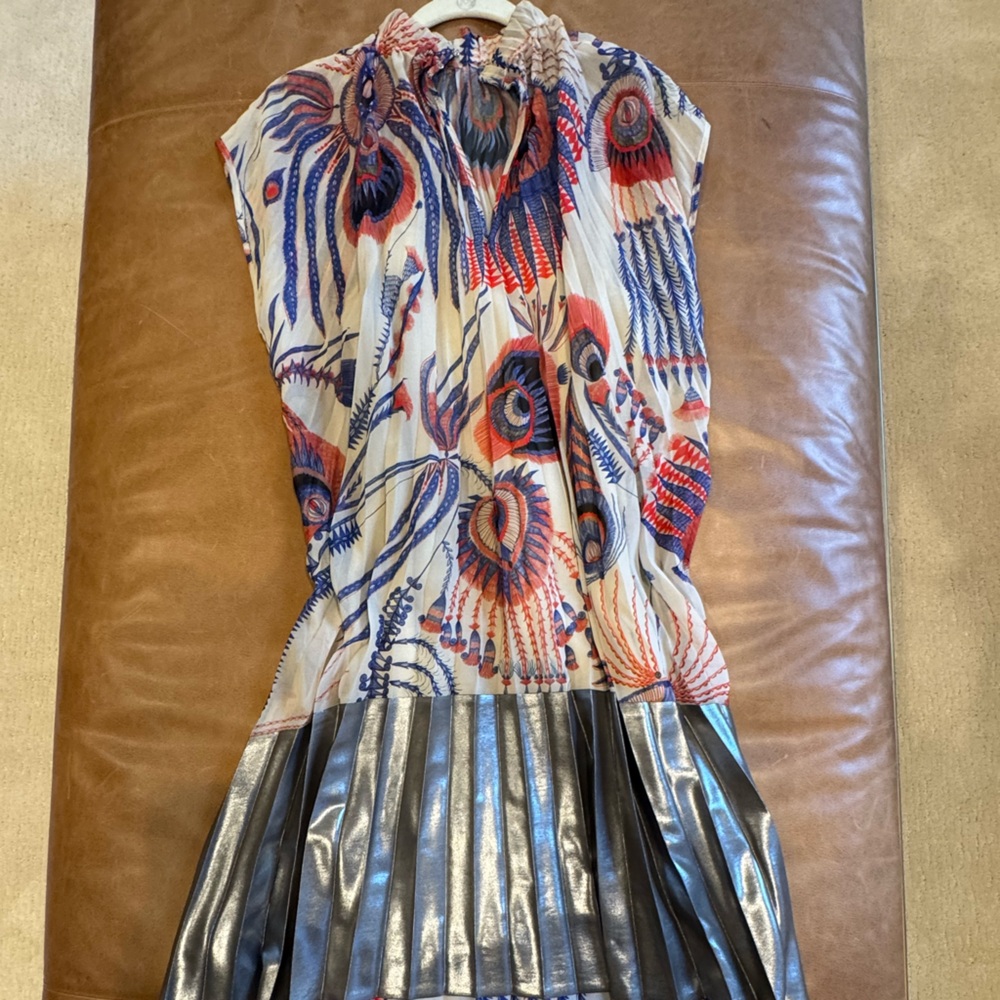 Colorful Peacock Print Dress with Metallic Skirt